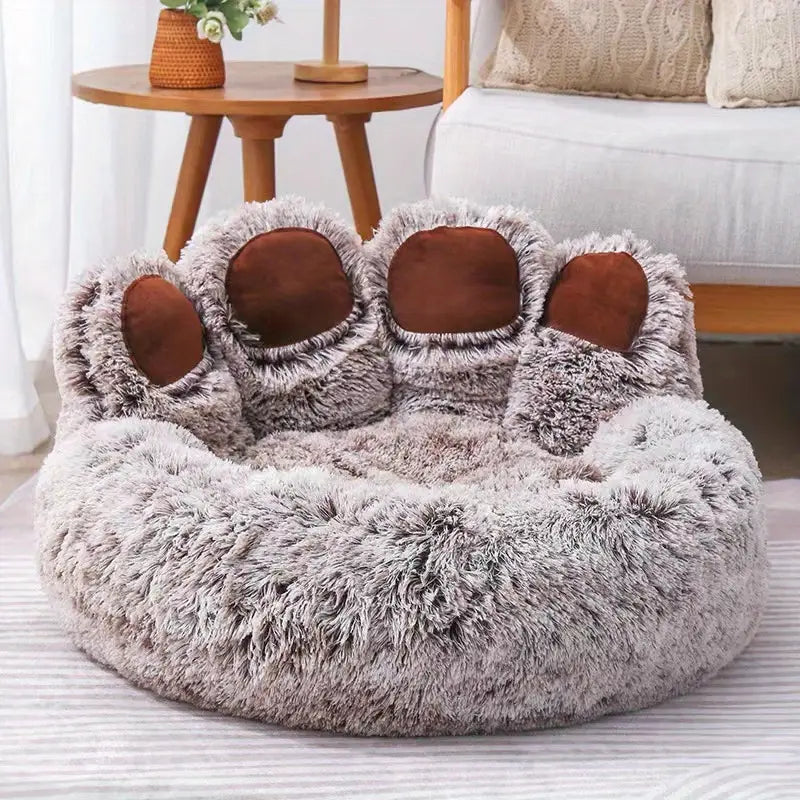 Cozy Plush Pet Bed with Paw Print – Non-Slip, All-Season Comfort for Cats & Dogs