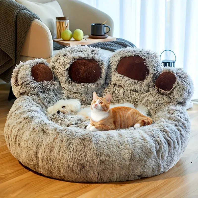 Cozy Plush Pet Bed with Paw Print – Non-Slip, All-Season Comfort for Cats & Dogs