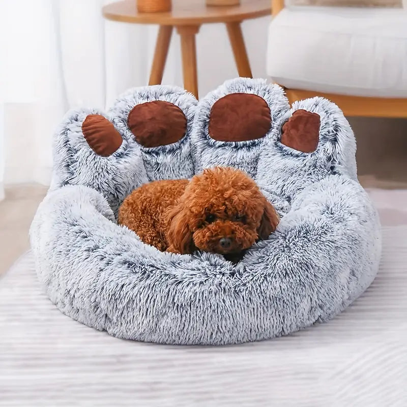 Cozy Plush Pet Bed with Paw Print – Non-Slip, All-Season Comfort for Cats & Dogs